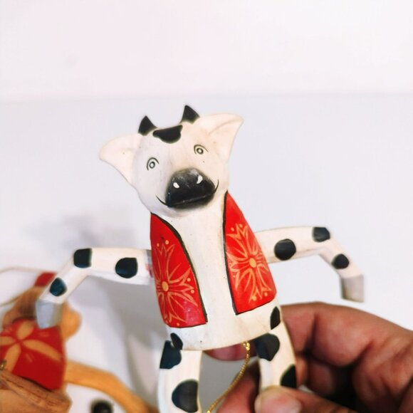 Vintage Wooden Pull String Monkey and Cow Ornaments 5.5-Inches Tall - Picture 5 of 5